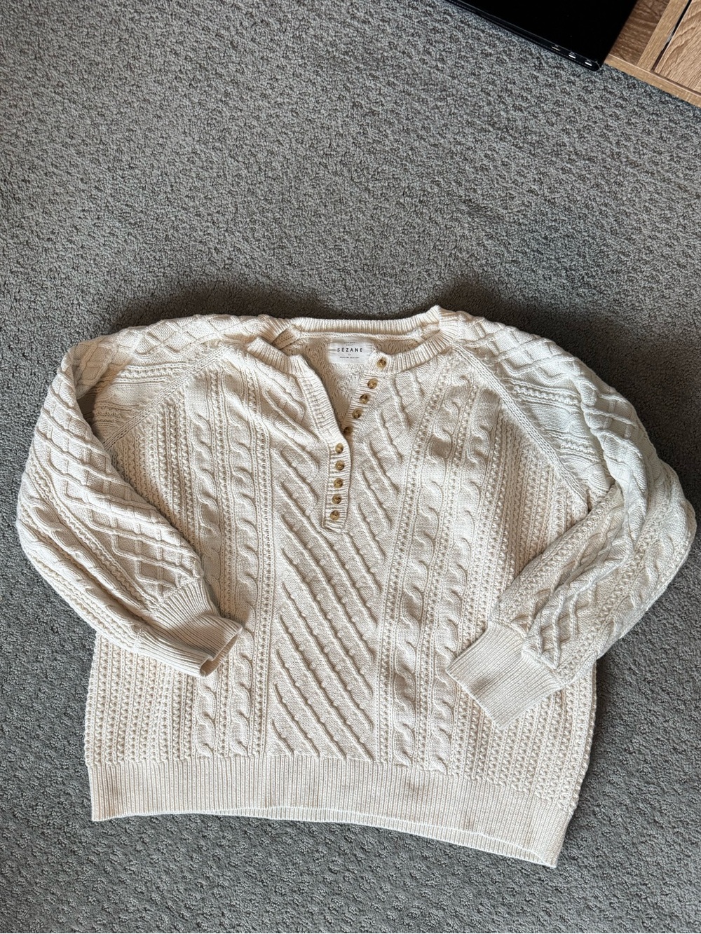 Sezane Cream Cable-Knit Henley Sweater